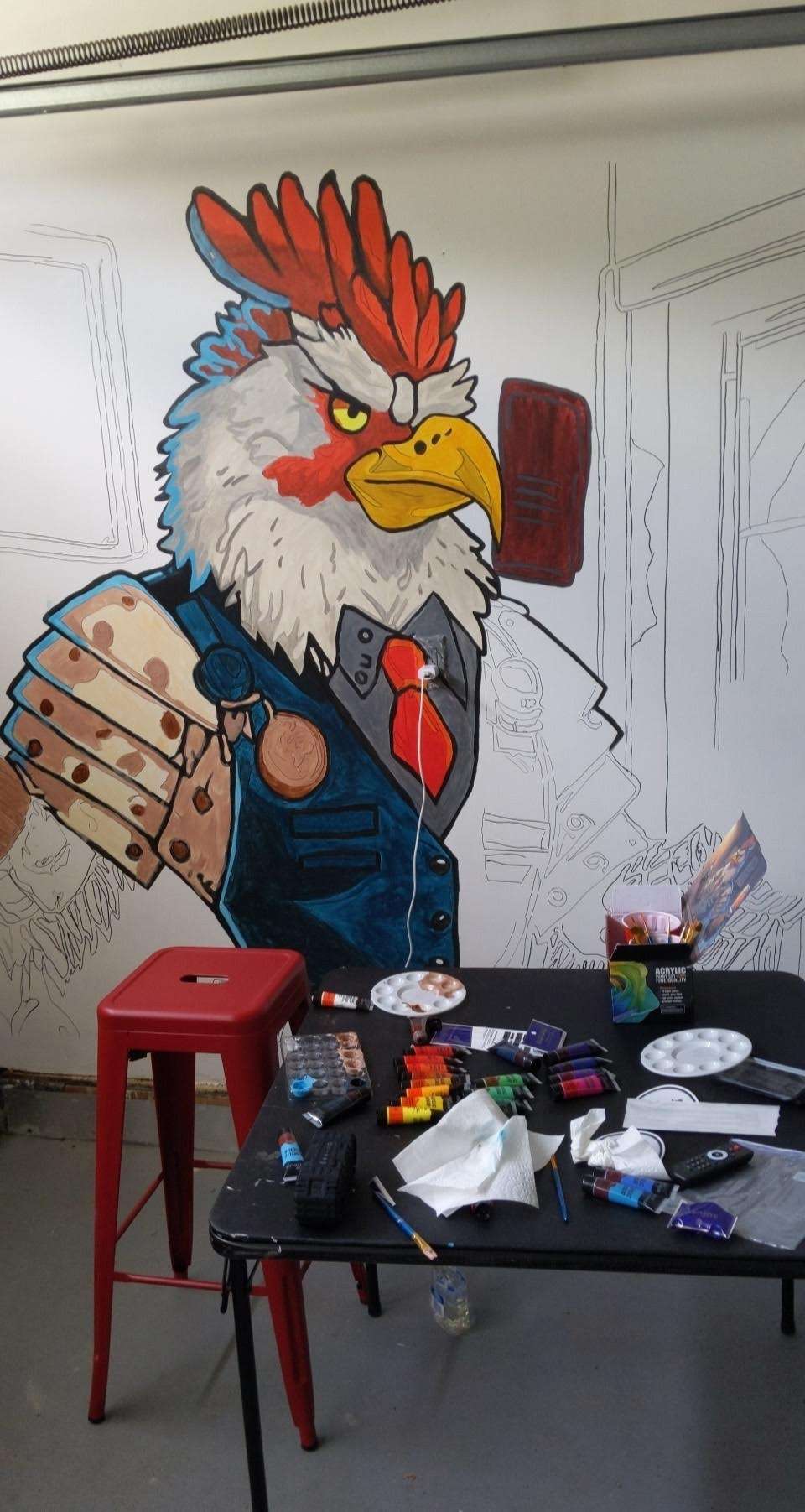 Chicken bartender mural — adding color