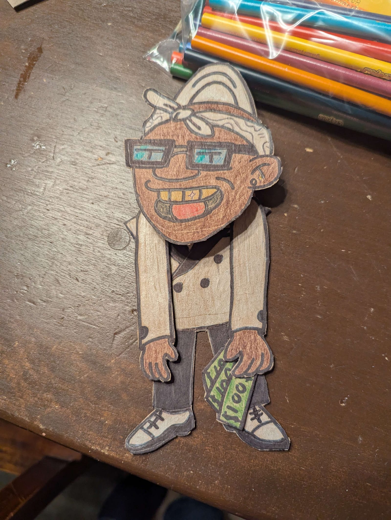 Cardboard puppet of a coworker, made as a gift